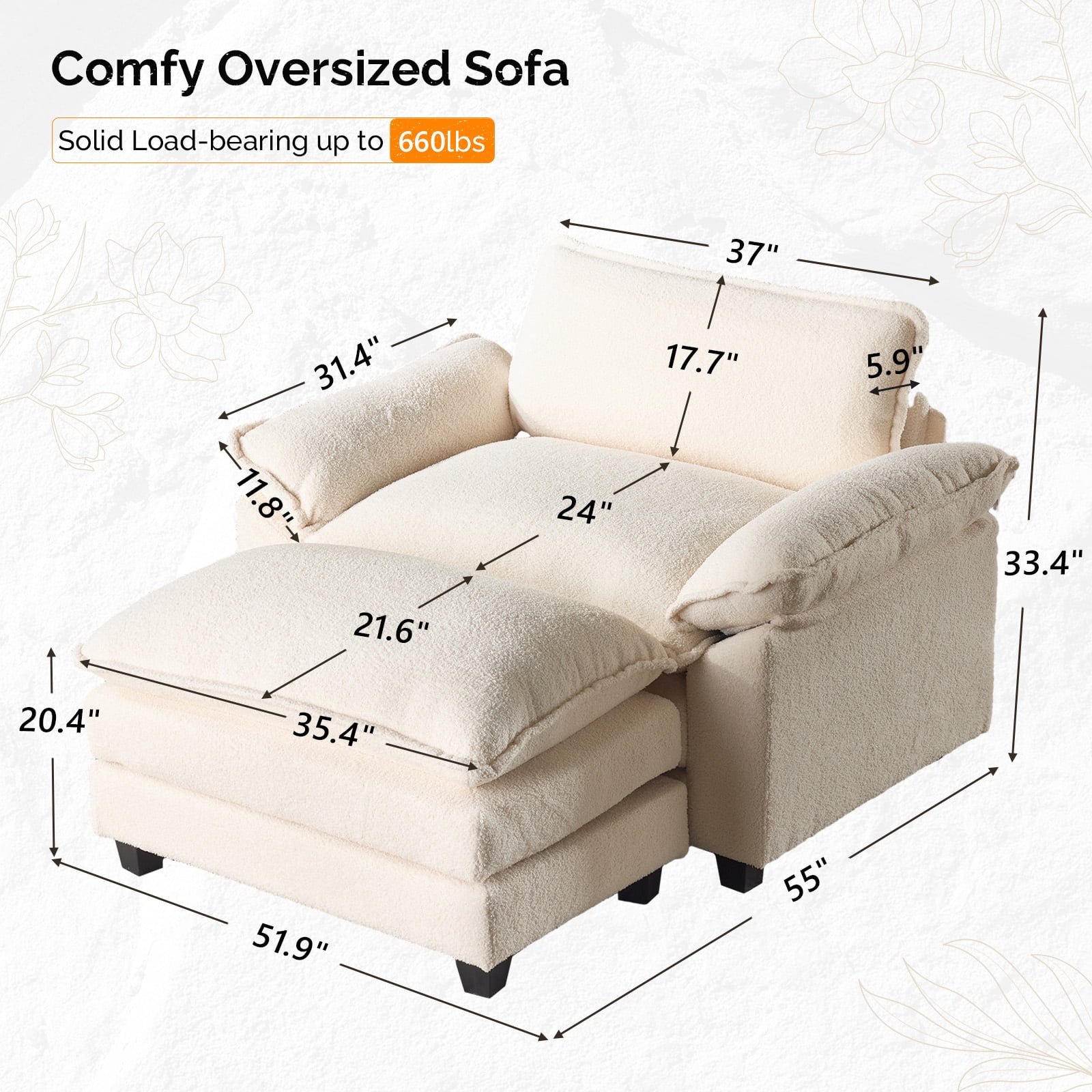 Zimtown Accent chair with Ottoman, Oversized Single sofa with Chaise for Convertible Teddy Velvet Fabric Sofa Set Living Room Furniture Teddy White