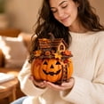 thumbnail image 3 of Wooden Pumpkin Decor with Rustic Roof, Autumn Leaves, and Ladder, 1 Piece, Orange, for Home Table and Shelf, Jack O Lantern Decoration, 3 of 3