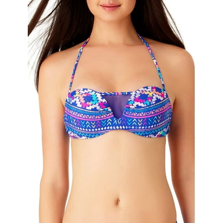 Solid Bandeau Halter - Juniors' Printed Mesh Bandeau Halter Bikini Top