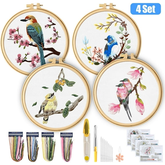 Celectigo Embroidery Kit for Beginners — 4 Set Hummingbird and Flower Cross Stitch Kits with Sewing Set of Hoops, Threads, Needles