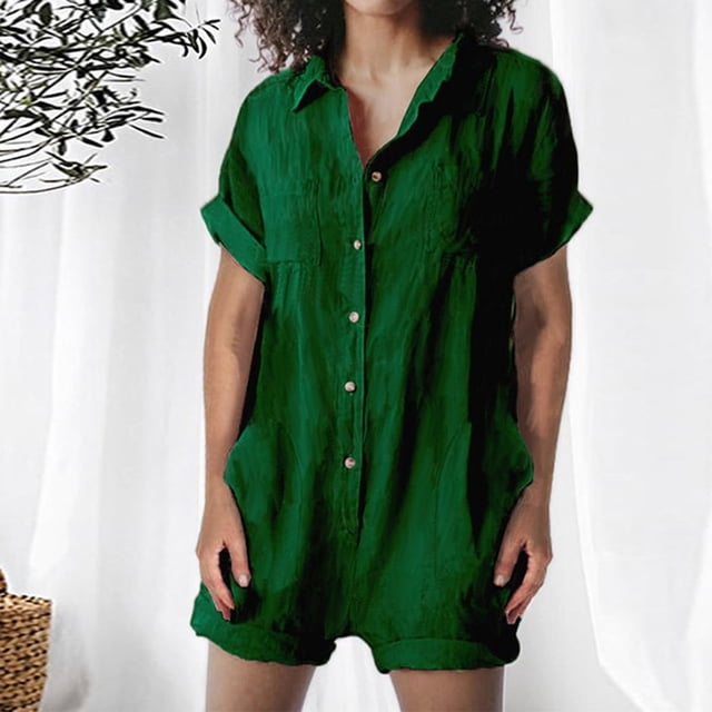 Fankiway Combinaison Chemise en Coton et Lin à Manches Courtes pour Femmes