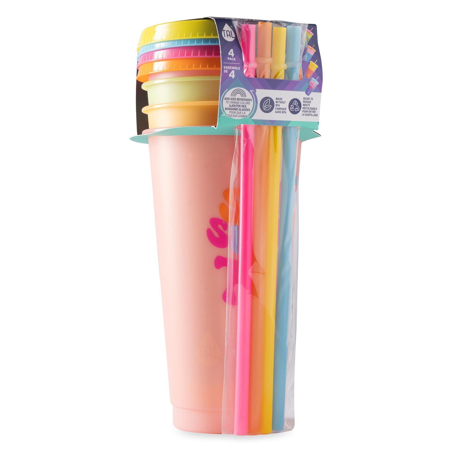 Le paquet de 4 tasses à changement de couleur TAL comprend un couvercle et une paille.