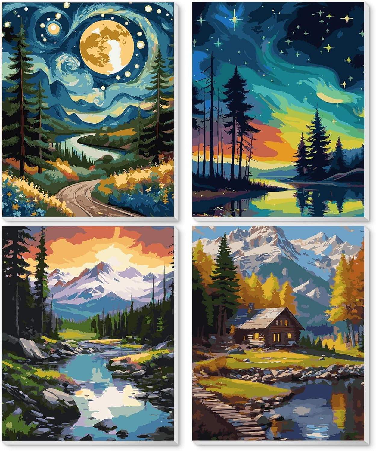Qoosea 4 pack Paint by Numbers Kit for Adults with Frame, Paint by Number with Wooden Easel Diy Landscape Paint Kits for Adults for Home Decor Wall Decor 11.8x9.4inch