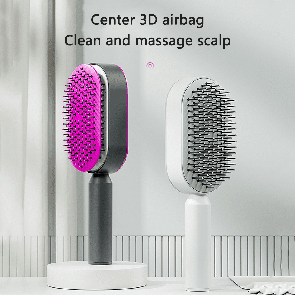 Pinkiou Self Cleaning Hair Brush with Holder-New 3D Air Cushion Brush for Detangling-Easy Clean Hair Brush for Women&Men-Paddle Hair Brush with Nylon Bristles for Thick/Curly/Long/Short Hair