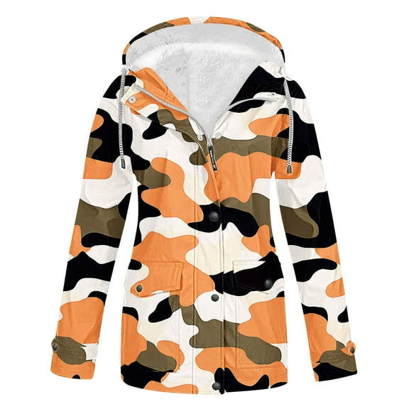 Aboser Camo Rain Jacket for Women Waterproof Fleece Lined Raincoats Plus Size Winter Rain Jackets Outdoor Sun Protection Windbreaker Full Zip Long Raincoat with Hood