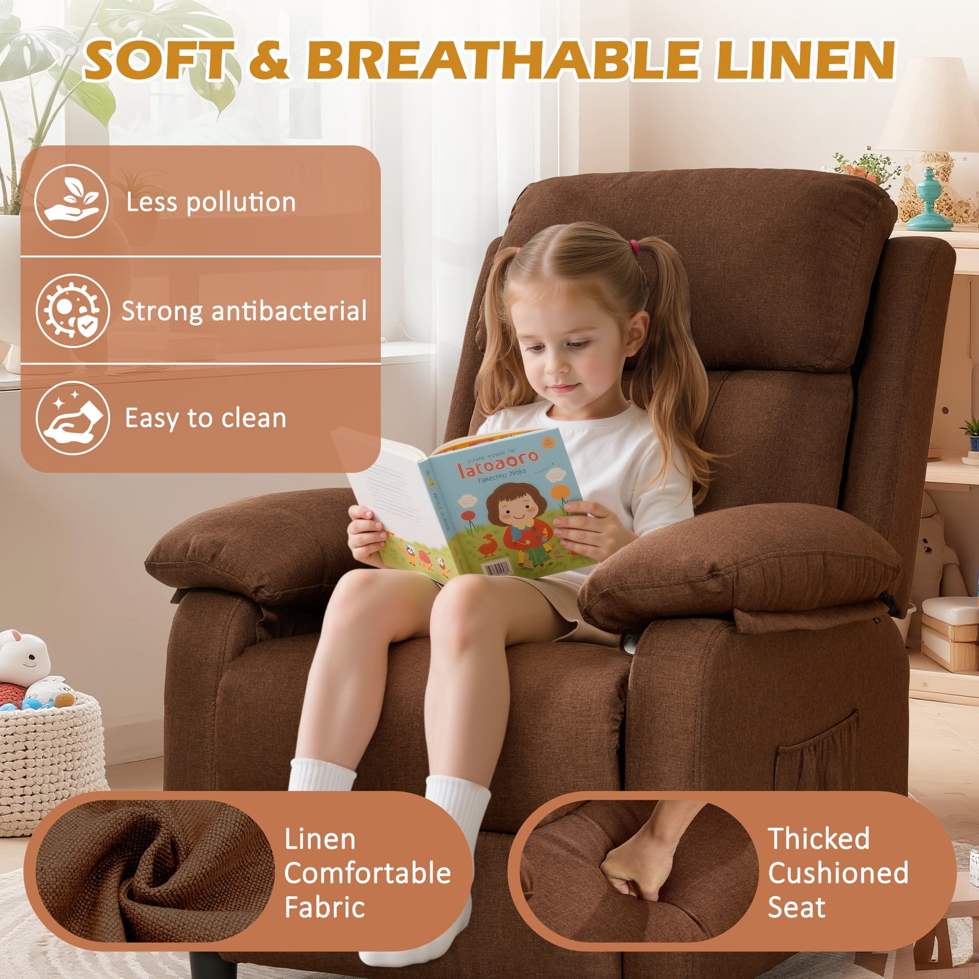 Korser Manual Push Back Recliner Chair with Side Pockets,Recliner Chairs for Adults for Living Room,Small Recliners for Small Spaces,Linen,Brown