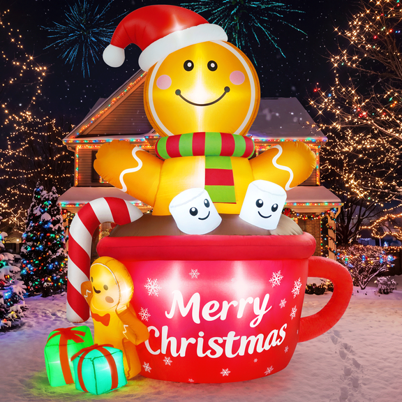 Yexmas 6FT Christmas Inflatable Gingerbread Man in Hot Cocoa Mug Blow Up Decor with LED Lights, Candy Cane, Marshmallows and Gift Box, for Yard, Lawn,Garden