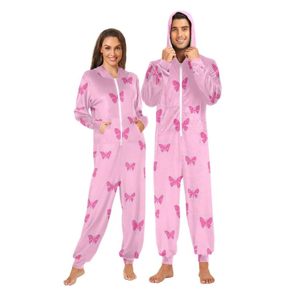 Pink Butterflies Pattern Adult onesie Pajamas, Crystal Velvet Ultra Soft Warm Jumpsuit for Men and Women