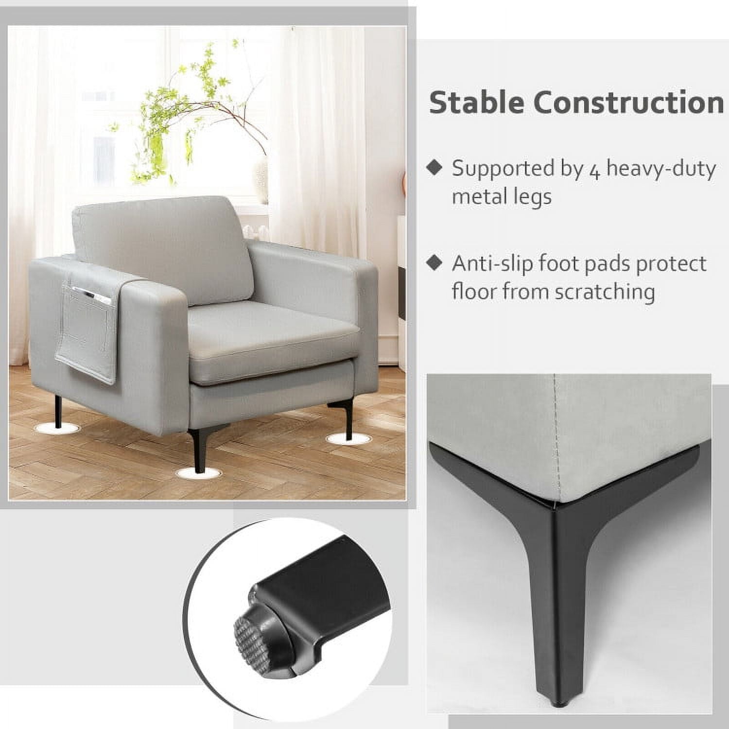 Finihen Upholstered Accent Armchair, Modern Accent Armchair with Side Storage Pocket, for Living Room, Bedroom, Light Gray