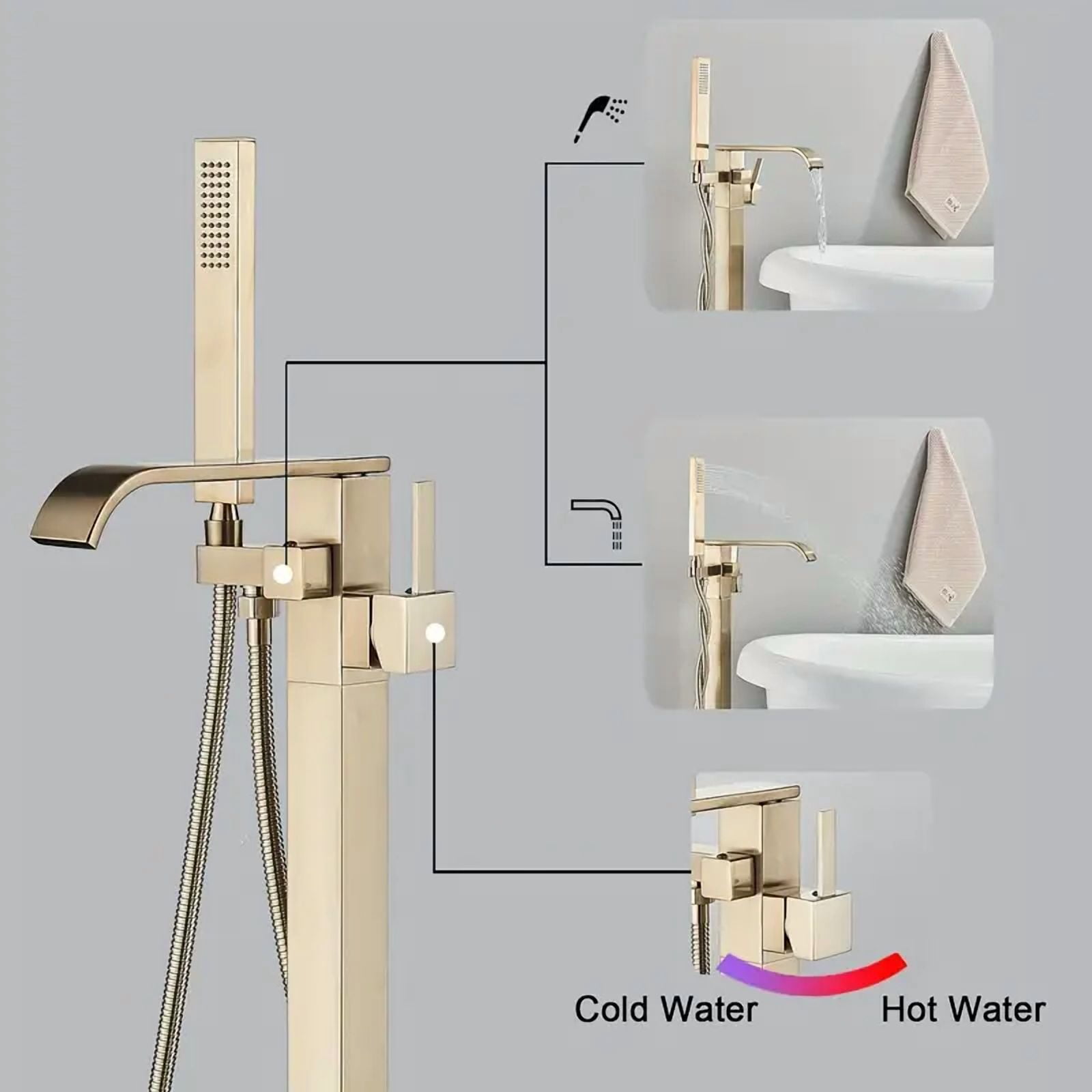 Floor Mounted Brushed Gold Free Standing Bathtub Faucet Shower Tub Filler Spout