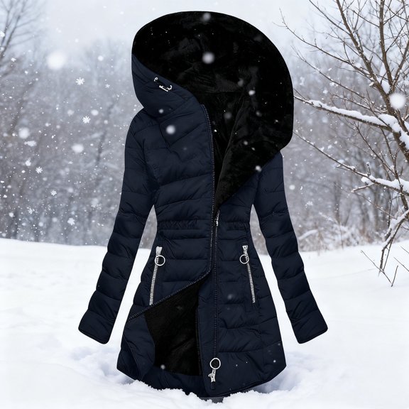 Dxzfnsa Women's Fall Winter Hooded Coats Solid Color Long Sleeve Long Puffer Jackets with Pockets Thicken Zipper Waist-cinching Hoodies