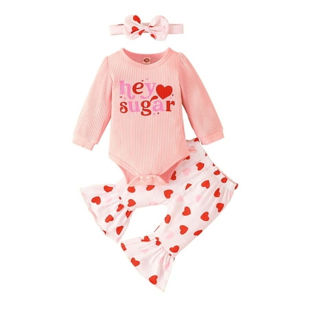 

wybzd Valentine s Day Baby Girl Outfits Letter Print Ribbed Long Sleeve Bodysuits+Heart Flare Pants+Headband