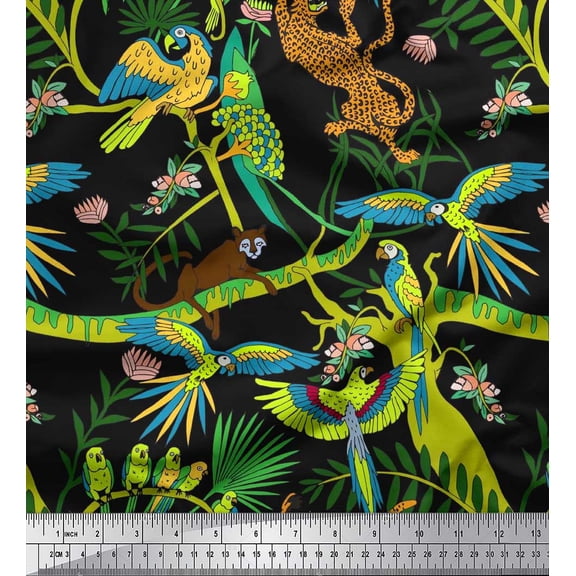 Soimoi Cotton Duck Fabric Branches,Parrot & Leopard Jungle Print Fabric by Yard 42 Inch Wide