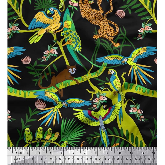 Soimoi Tissu Poly Georgette Branches, Imprimé Perroquet & Léopard Jungle au Mètre 52 Pouces de Large