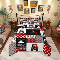 Manfei Cartoon Tractor Bedding Comforter Set,Rustic Farmhouse Cabin Twin Comforter Sets,Red White Black Patchwork Plaid Bedding Set For Boys,Super Cozy Room Decor Reversible,2pcs