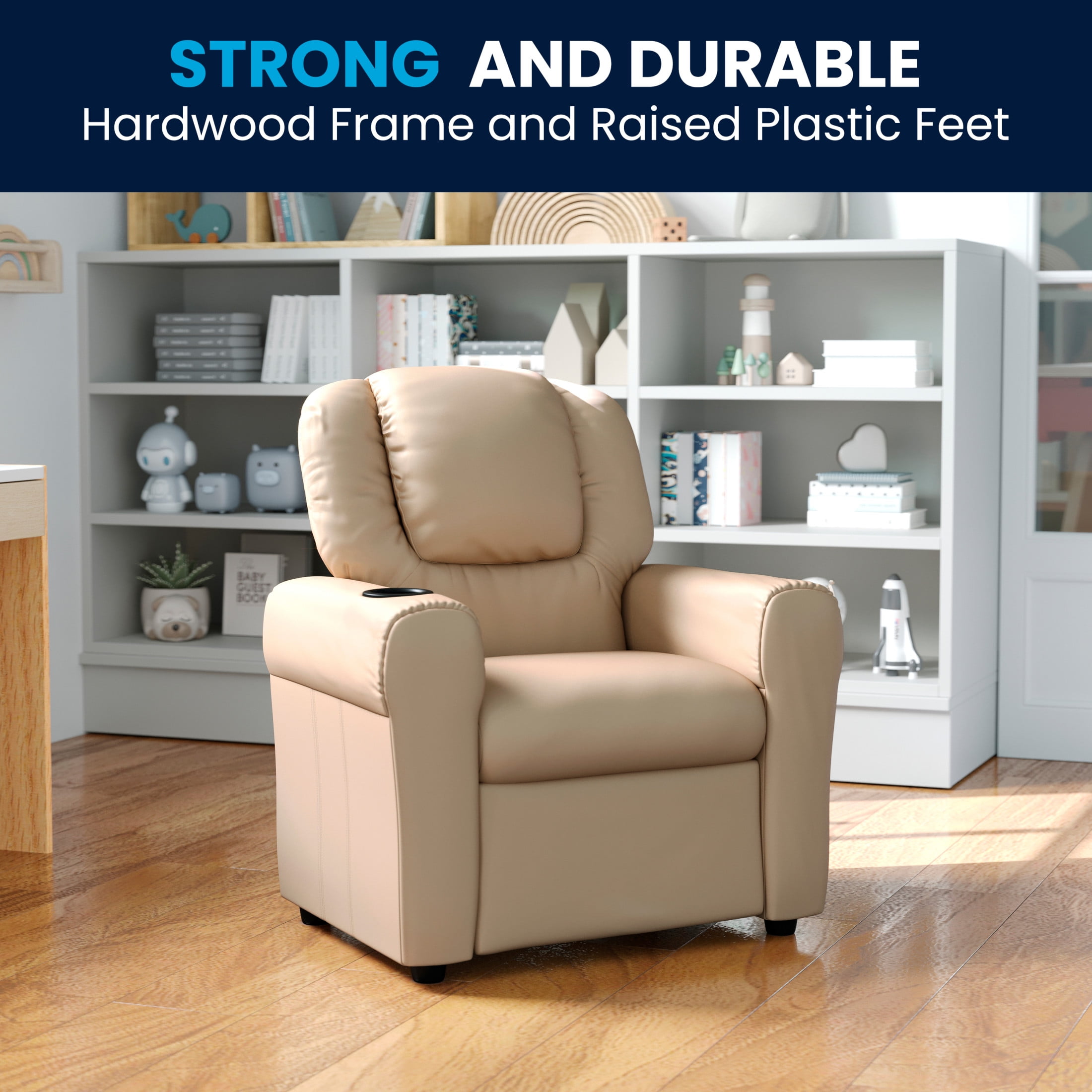 Flash Furniture Vana Contemporary Beige Vinyl Kids Recliner with Cup Holder and Headrest