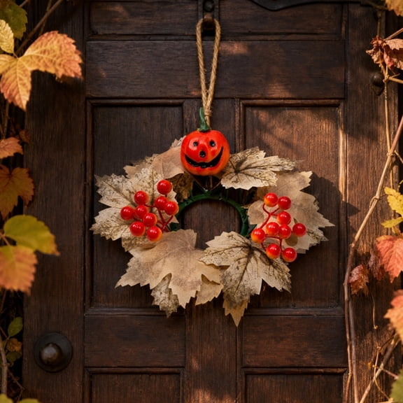 Artificial Maple Leaf Pumpkin Wreath With Candle Ring, Halloween Thanksgiving Dual-use Door Hanger And Table Centerpiece For Indoor Outdoor Decor