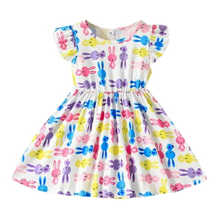 

Little Girl Dress Toddler Girls Fly Sleeve Dresses Kids Cartoon Rabbit Prints Princess Clothes Summer Cool