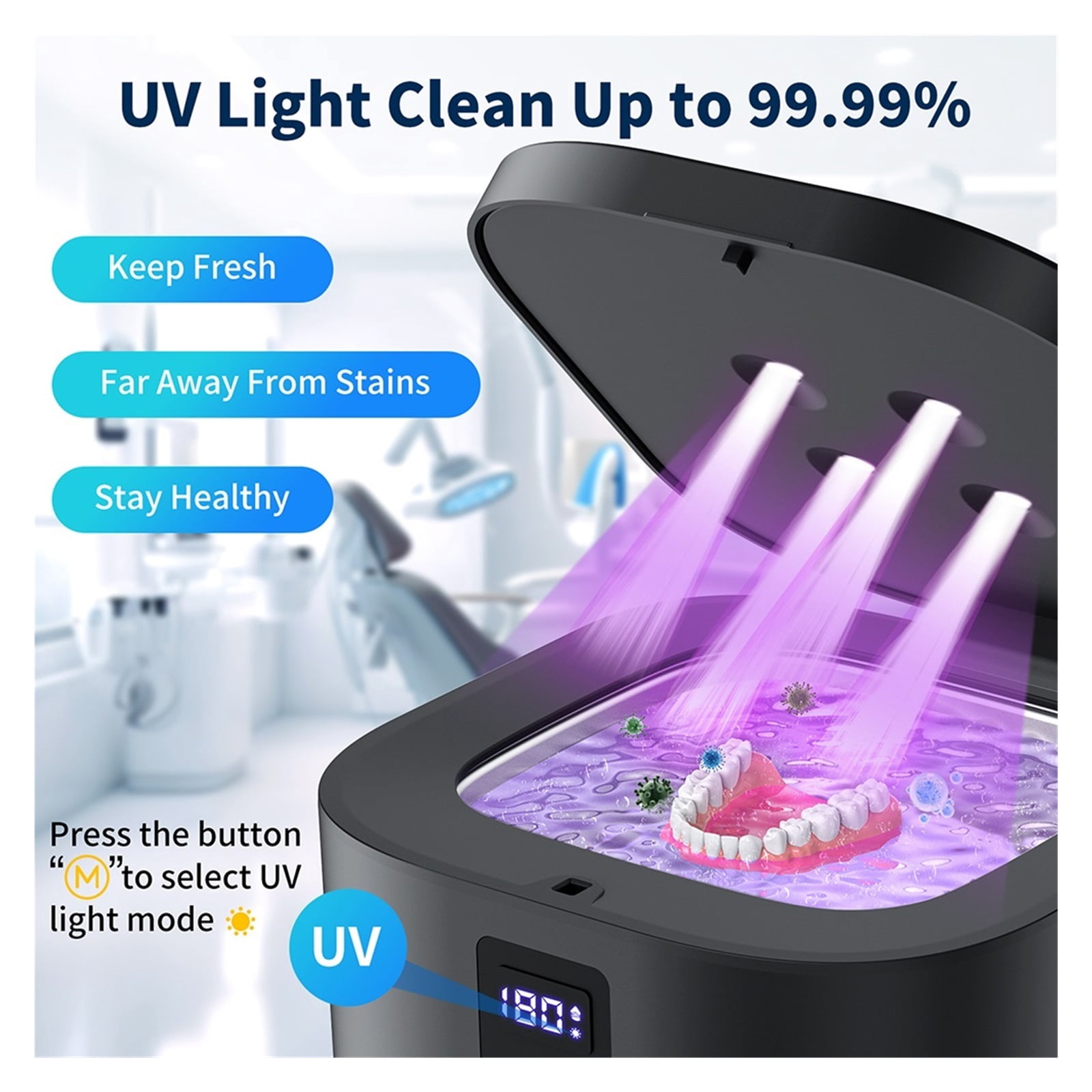 Ultrasonic Retainer Cleaner Machine with UV Light Digital Timer for Denture Mouth Guard
