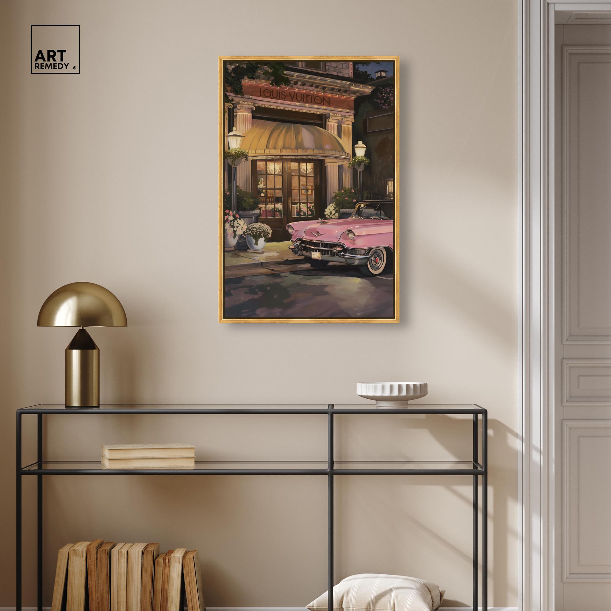 Classic Car Store Visit Canvas Fashion Art Prints by Art Remedy, Gold Frame, 20 x 30