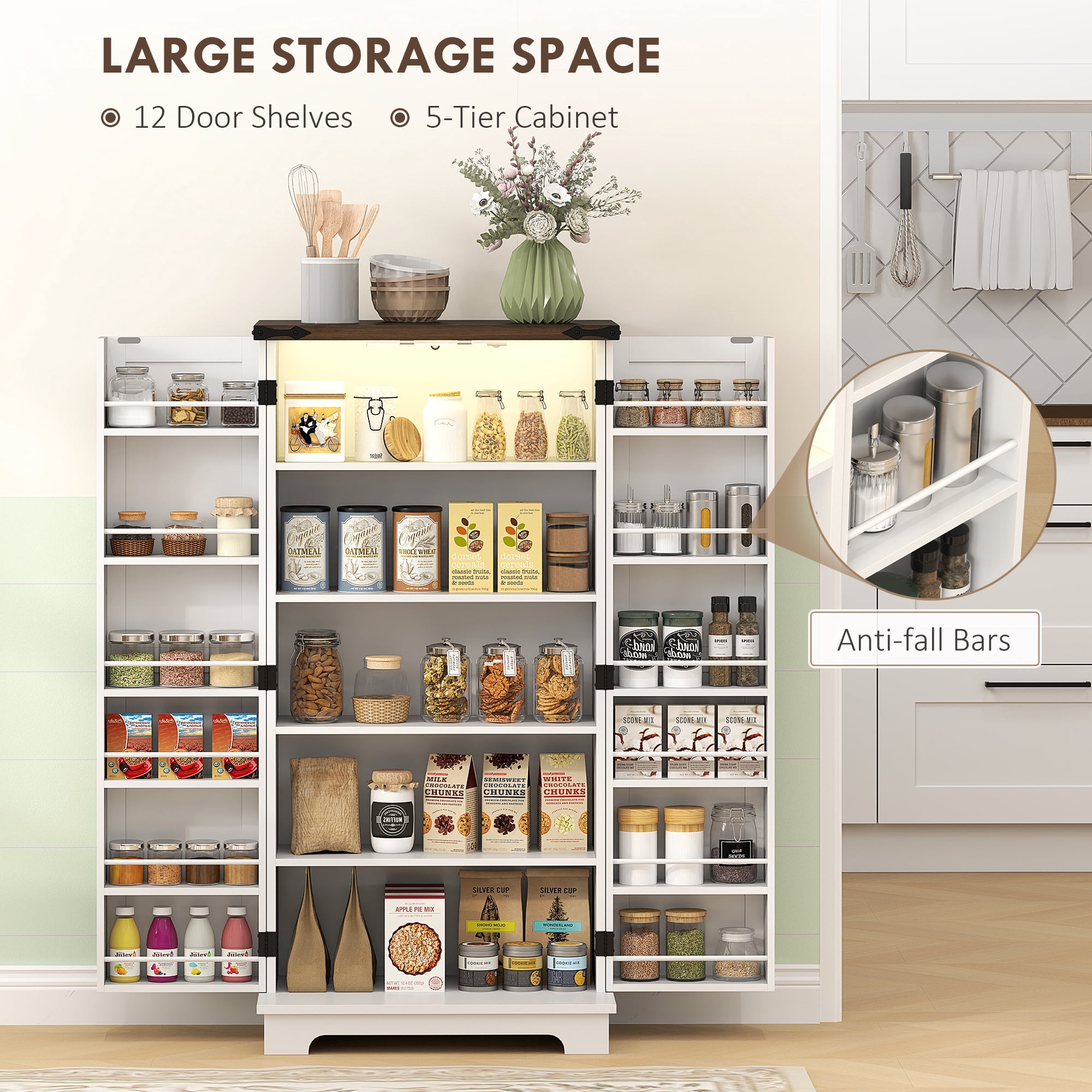 HOMCOM 47" Kitchen Pantry Cabinet with Sensing LED Light, Farmhouse Storage Cabinet with Doors, 2 Adjustable Shelves and 12 Door Shelves, White
