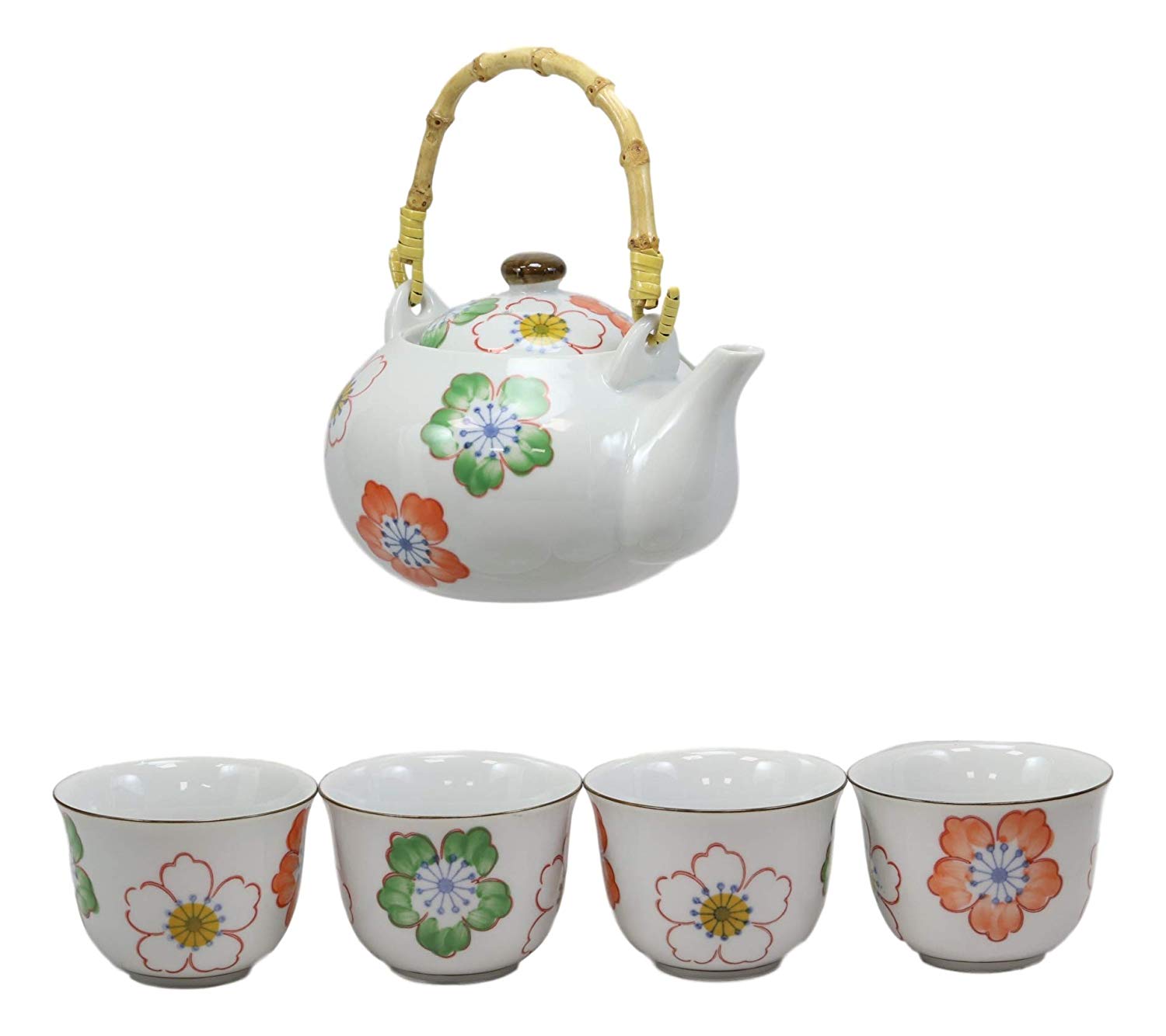 Japanese Design Colorful Botanic Floral Porcelain White Tea Pot And Cups Set - image 3 of 8