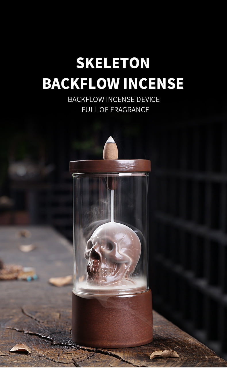 Backflow Incense Holder, Ceramic Waterfall Skull Incense Burner with Incense Cones and Windproof Acrylic Hood, for Halloween/Aromatherapy/Yoga/Home Deco