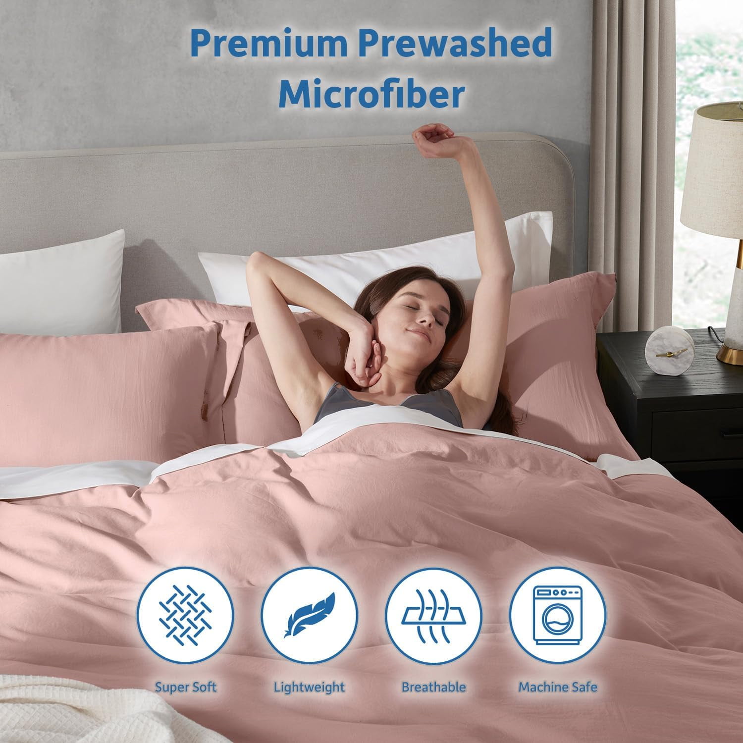Virtu 3-Piece Duvet Cover Set, Soft Prewashed Bedding Set California King with Pillow Shams, Blush Pink