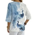 thumbnail image 2 of Xoenoiee Peacock Cloud Print Linen Button Down Shirt for Women 3/4 Sleeve V Neck Blouses Casual Summer Loose Fit Cotton Gauze Blouses, M, 2 of 7