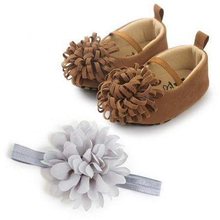 

Baywell Baby Girls Shoes with Flower Headgear Newborn Princess Non-Slip Flat Shoes Mary Jane Wedding Dress Shoes for Babies and Toddlers Brown 12-18M