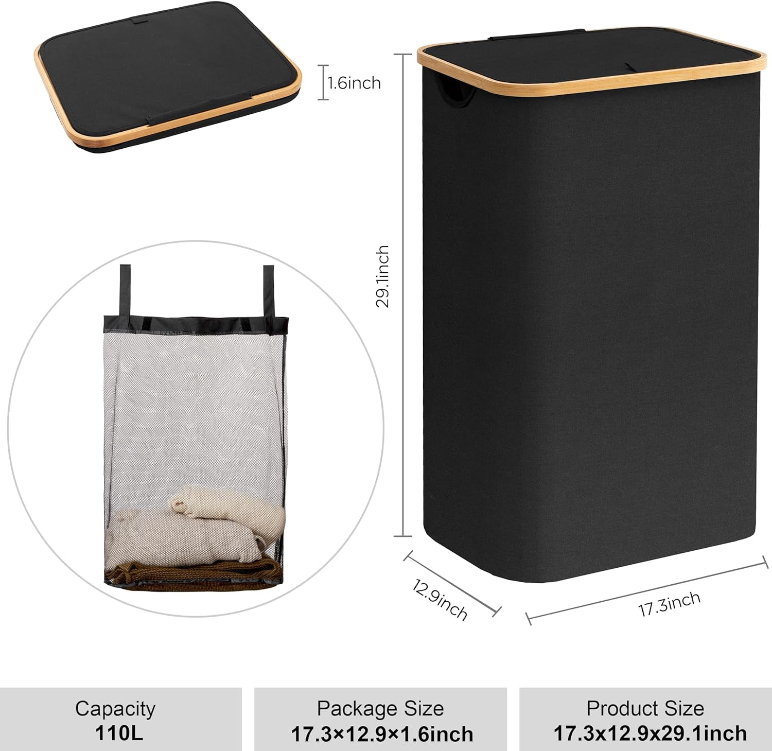HBlife Large Collapsible Laundry Hamper with Lid and Removable Bag, Black