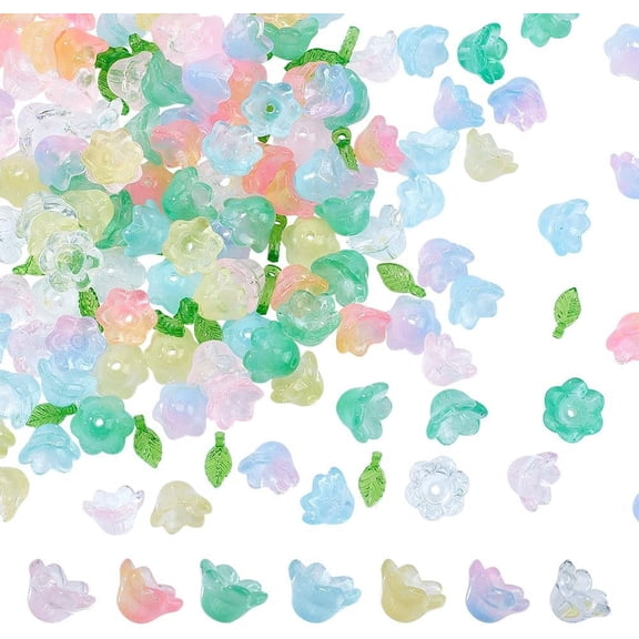 240 Pcs Glass Bell Flower Beads Kits Lily Flower Glass Beads Leaf Shape Acrylic Beads for DIY Jewelry Making Beading Projects Bracelets Necklaces Earrings Hole: 1.4mm