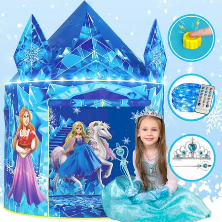 W&O Frozen Princess Tent for Girls with Magical Sound Button LED Lights Crown & Wand - Indoor & Outdoor Frozen Tent for Girls Ages 3-7 C80