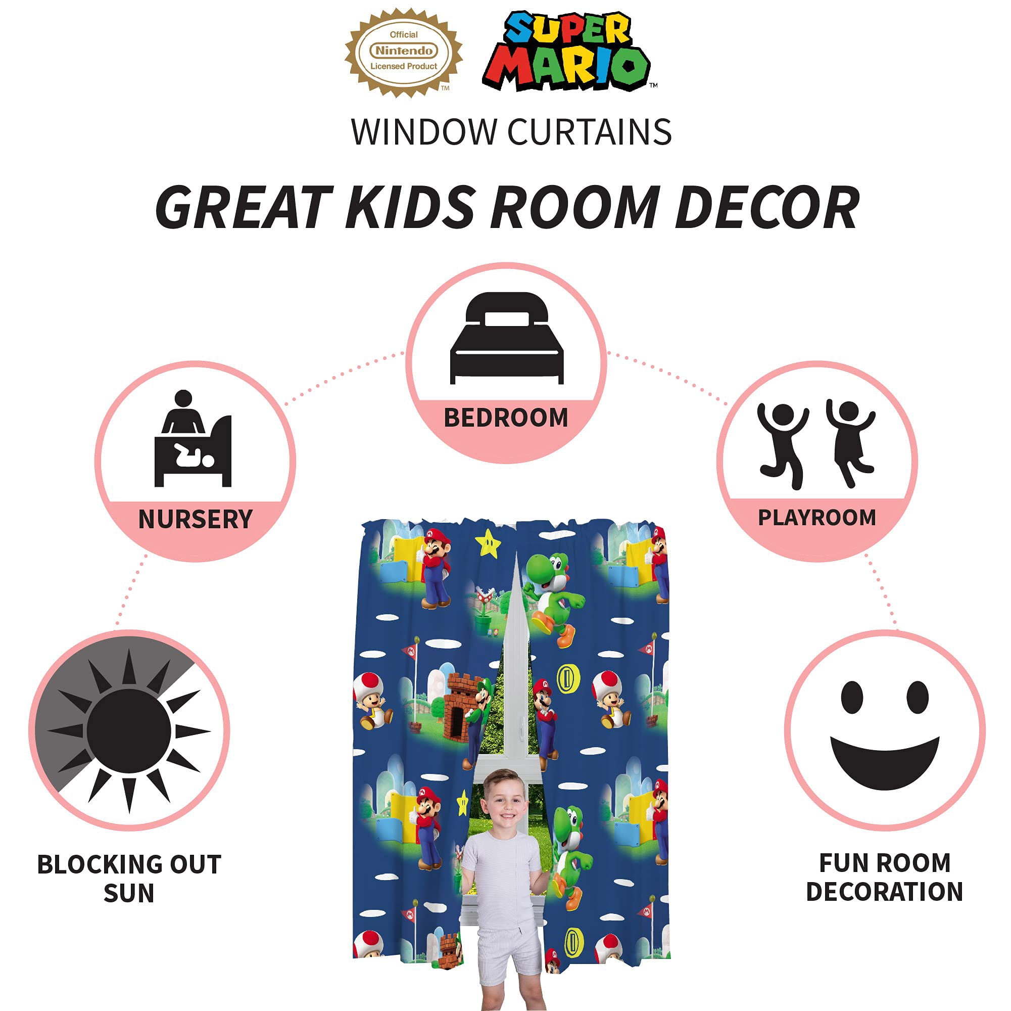 Franco Kids Blue Super Mario Rod Pocket Light Filtering Curtains, 41" x 63" (2 Panels)