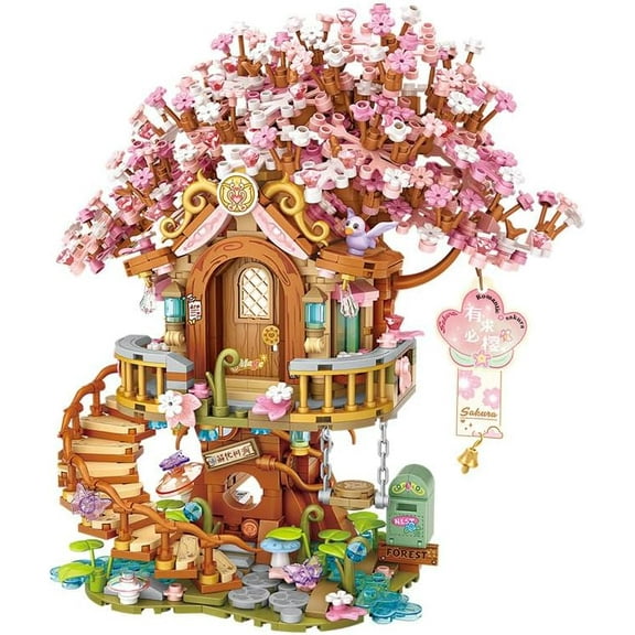 Sdmnsg-T Cherry Blossom Tree House Building Blocks Set with Fairy,Sakura Particle Construction Building Bricks,Flowers Bonsai Home Decoration
