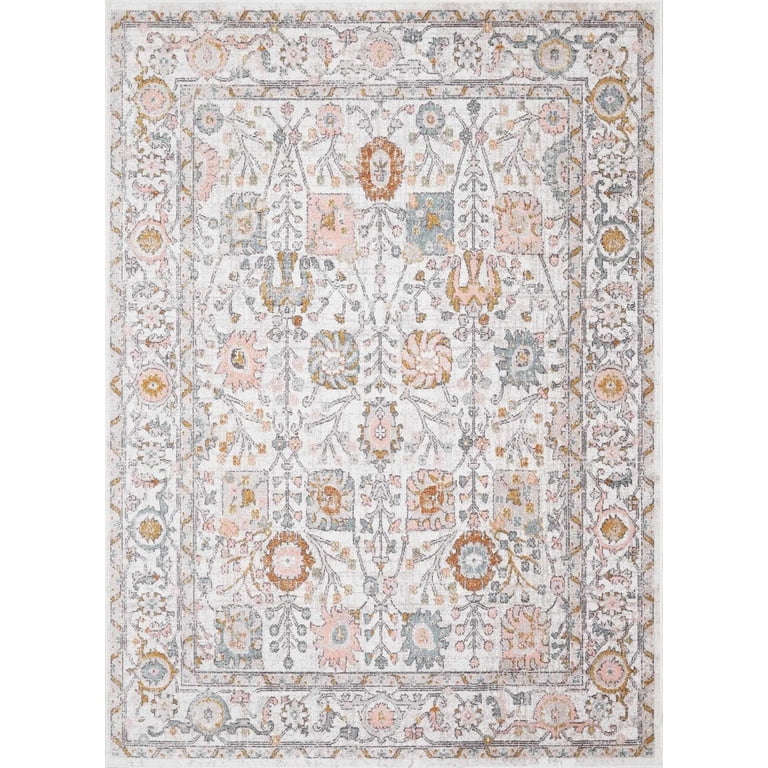 BoutiqueRugs Herstmonceux Boho Vintage Area Rug – 6'7 Round Coral Floral Carpet For Living Room, Bedroom