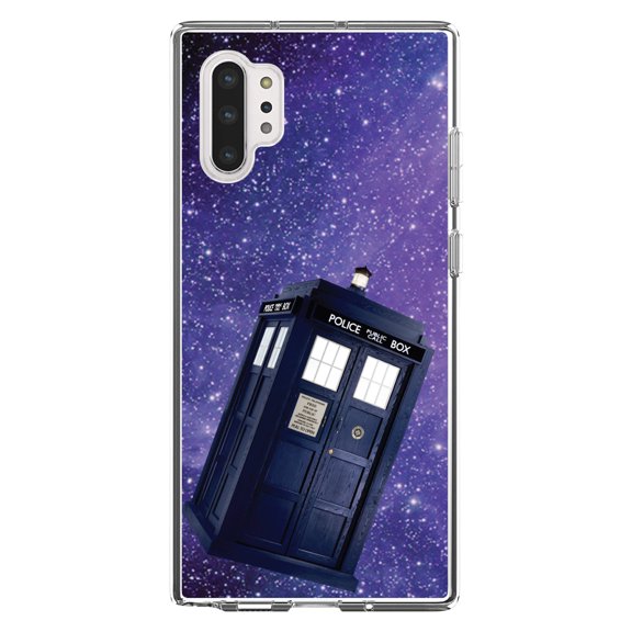 DistinctInk Clear Shockproof Hybrid Case for Galaxy Note 10 PLUS (6.8" Screen) - TPU Bumper, Acrylic Back, Tempered Glass Screen Protector - TARDIS Floating in Space