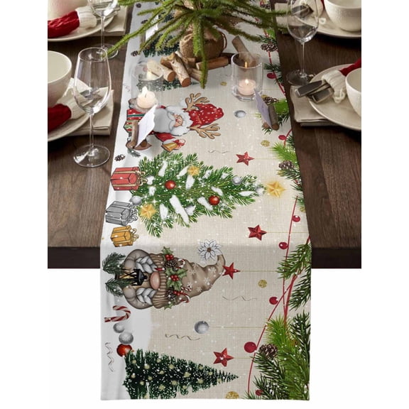 Beige Christmas Dresser Scarf Farmhouse, Dining Table Decorations for Wedding/Parties, Gnomes Xmas Tree Snowflake Winter Gifts Rustic Table Runner 48 Inches Long for Kitchen Dining, 13 x 48 In