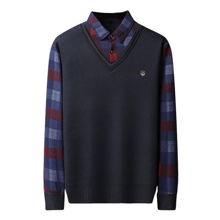 Handshe Men's Solid Color Two-Tone Grid Knit Sweater, Warm