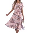 thumbnail image 3 of Women's Floral Elegant Pleated Midi Print Batwing Sleeve Tie Waist Dress for Daily Wear Pink S, 3 of 10