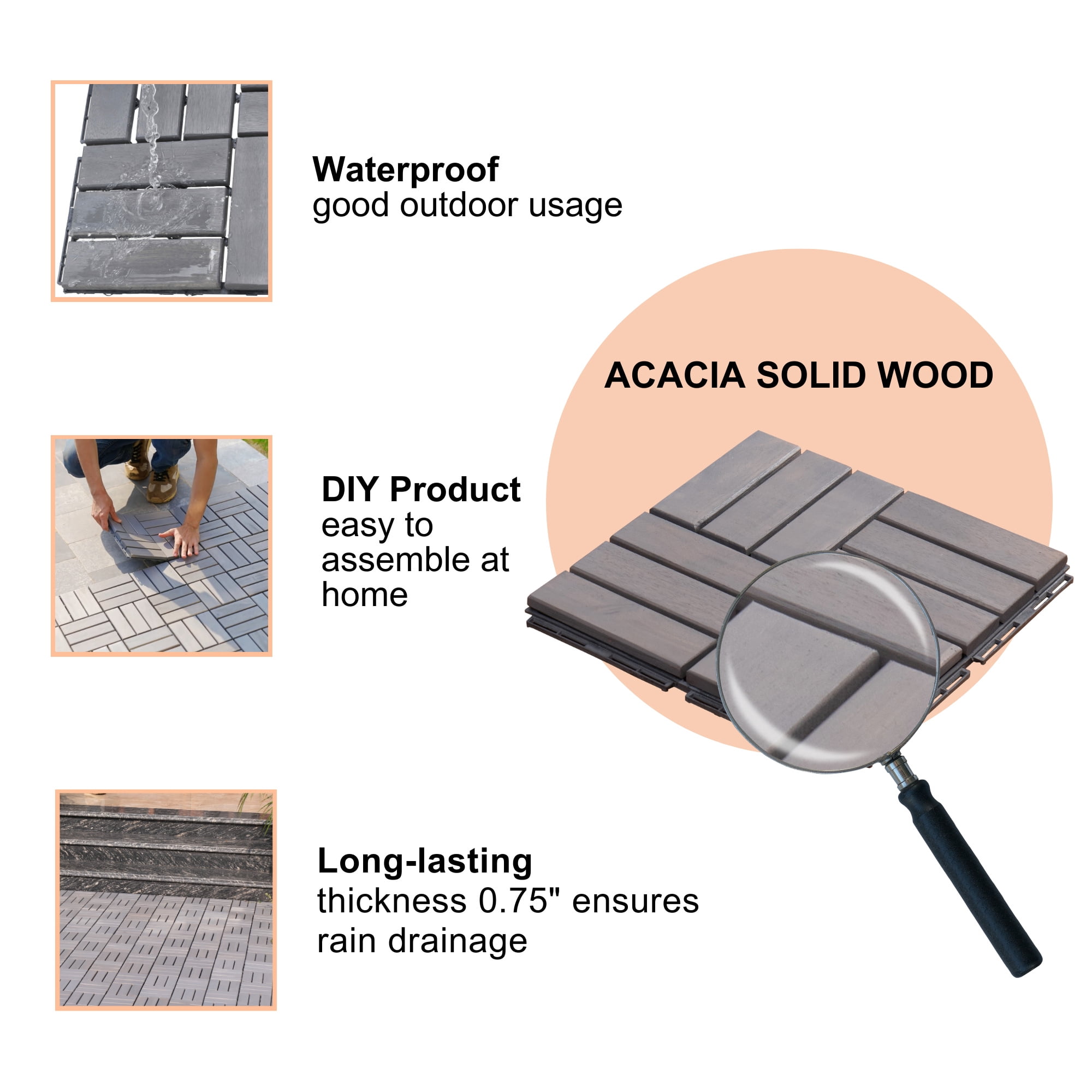 Miniyam 30 Pcs Interlocking Deck Tiles, 12x12 inch, Acacia Solid Wood, Outdoor Balcony, Light Gray