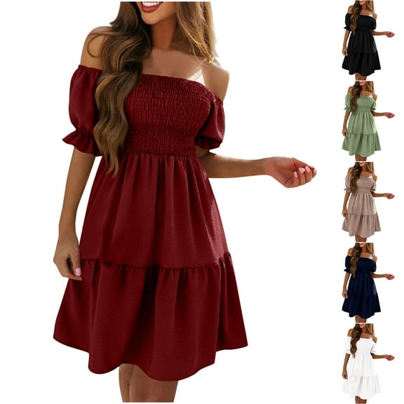 ZZwxWA Summer Dresses for Women 2025 Midi Off Shoulder Puff Sleeve Dress Pleated Ruffle Elegant Dress Trendy Casual Sundress Tunic Midi Cocktail Party Dress