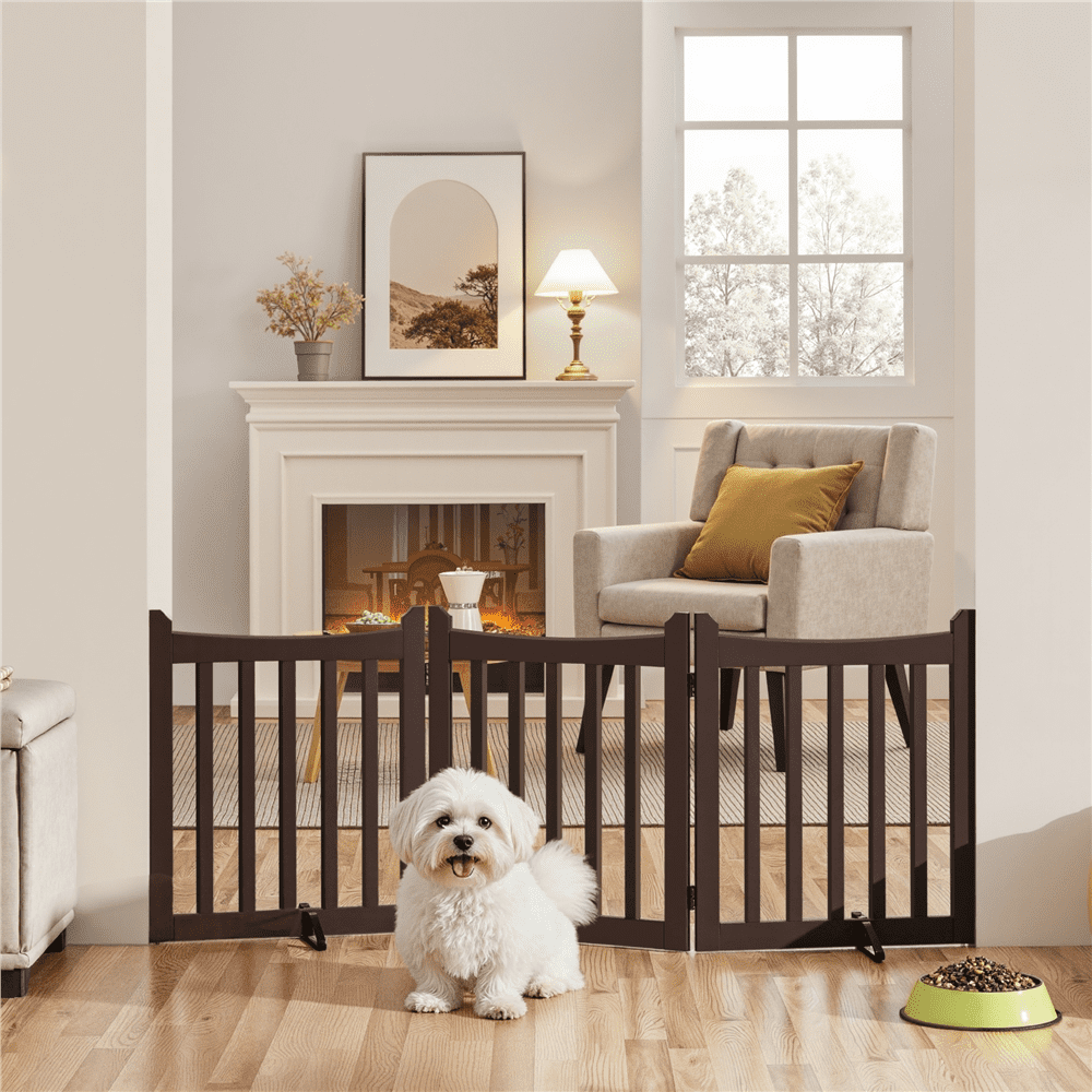 Alden Design 24" Tall Freestanding Wooden Pet Gate with Two Support Feet, Espresso