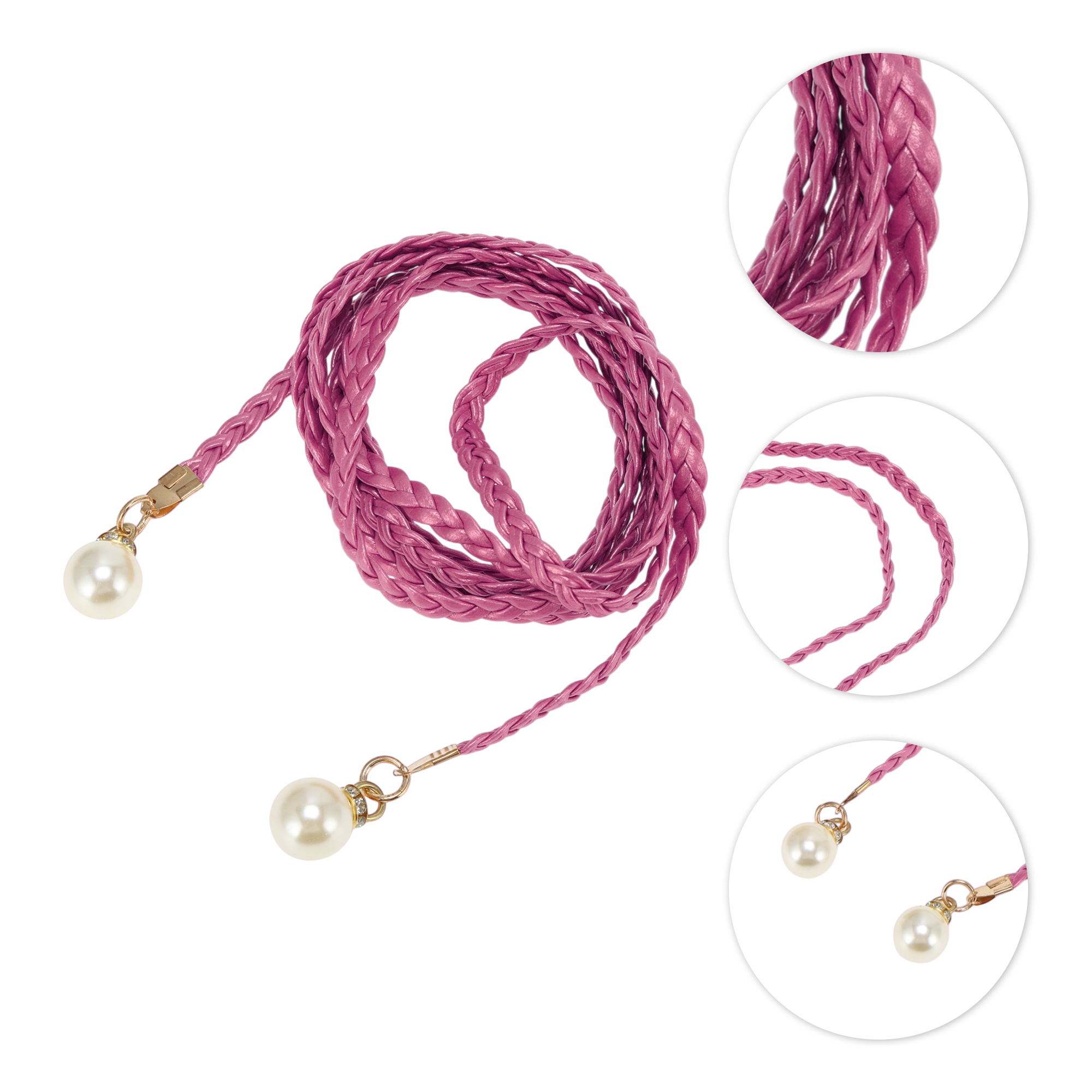 Unique Bargains Stylish Pearl Braiding Woven Rope Belt for Outfits 1 Pc Rose Red