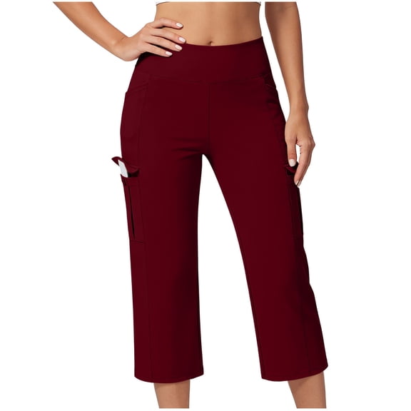 Sexlip Women's Yoga Pants All Season button waist solid color button detail with pockets athletic yoga for daily wear Red M