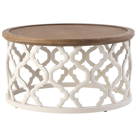 COZAYH Farmhouse Coffee Table, Distressed Tray Top, Curved Motif Frame Base, Round, White