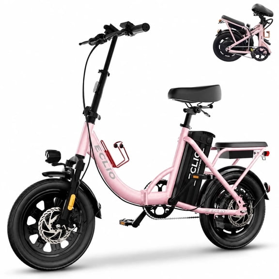 ECLIO 750W Folding Step-Through Electric Bike, 48V 14Ah Removable Battery, Up to 60 Miles, 16" Compact Ebike with Rear Rack, Front Suspension, Pink
