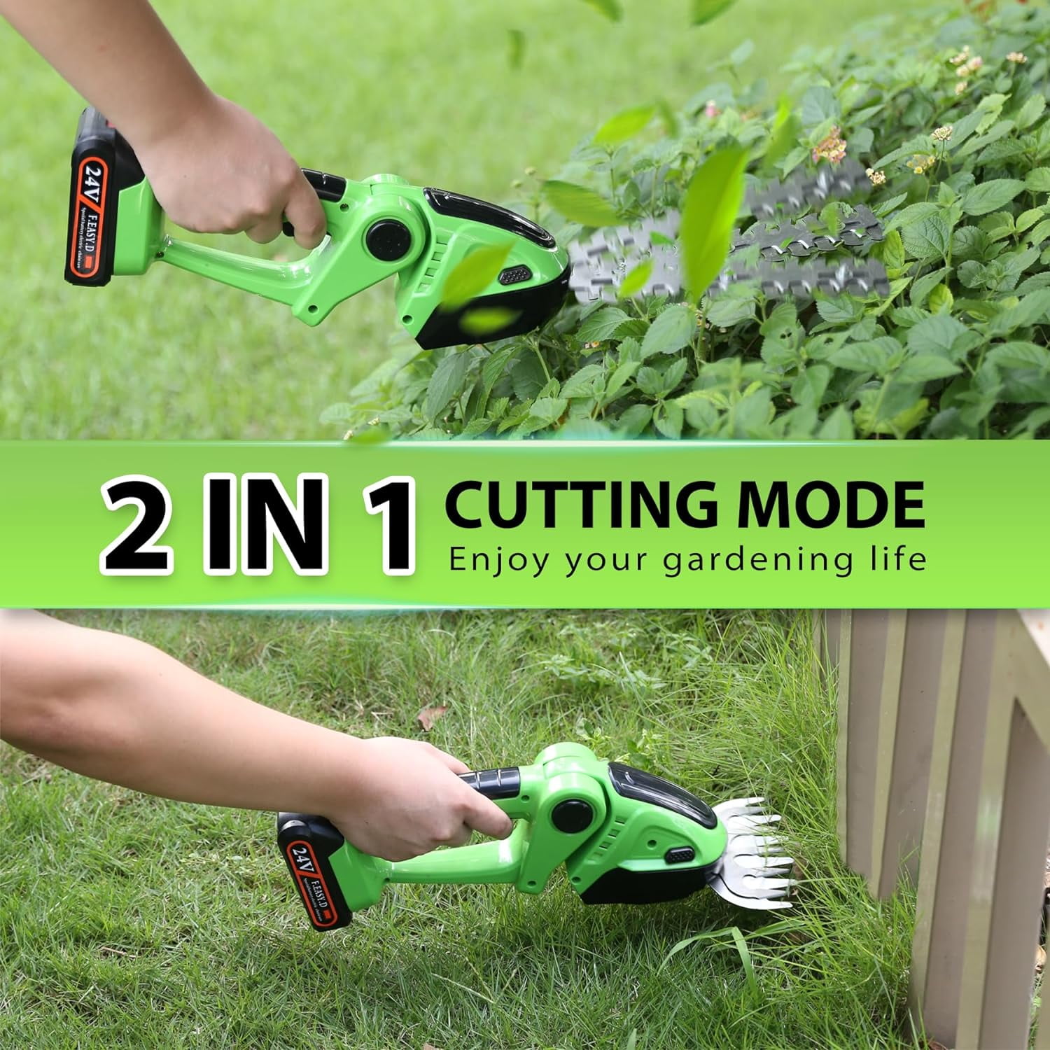 Cordless Hedge Trimmer, 2-in-1 Mini Hedge Trimmer Cordless & Grass Shears, 24V Battery Operated Shrubbery Trimmer Handheld Electric Grass Trimmer with 2 Rechargeable Batteries and Charger