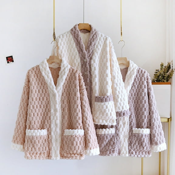 QLEICOM Bed Jackets for Women,Thermal Long Sleeve Women,Women Fuzzy Fleece Jacket Pajama Tops V-Neck Button Down Sleepwear Long Sleeve Plush Warm Winter Coat with Pockets