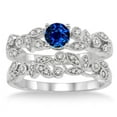 thumbnail image 2 of 2.50 Carat Blue Sapphire And Moissanite Diamond Engagement Ring Antique Flower Bridal Set on 10k White Gold, 2 of 3